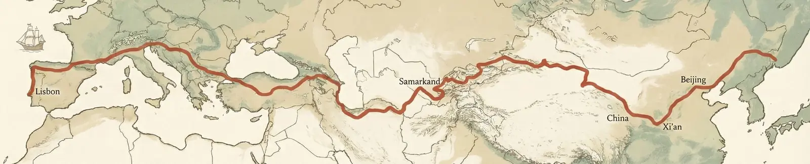 Map showing the 20,000km route across Asia and Europe, from Vladivostok on the Pacific coast through China, Central Asia, Iran, Turkey, and Europe to Lisbon on the Atlantic